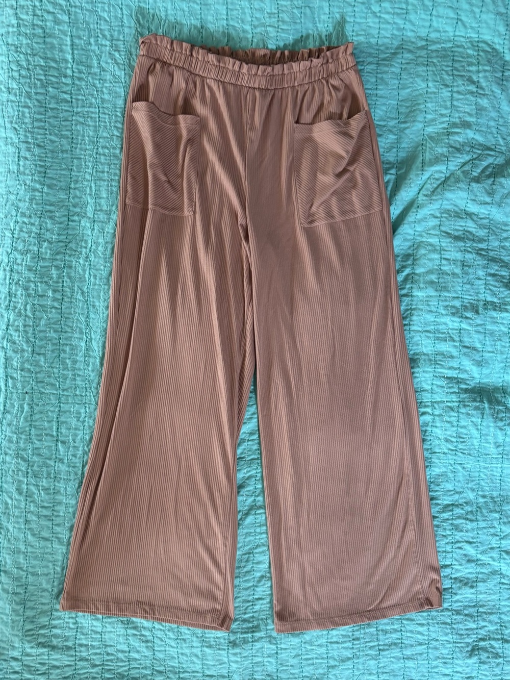 Derek Heart Ribbed Wide Leg Stretch Lounge Pants with Pockets Tan XL